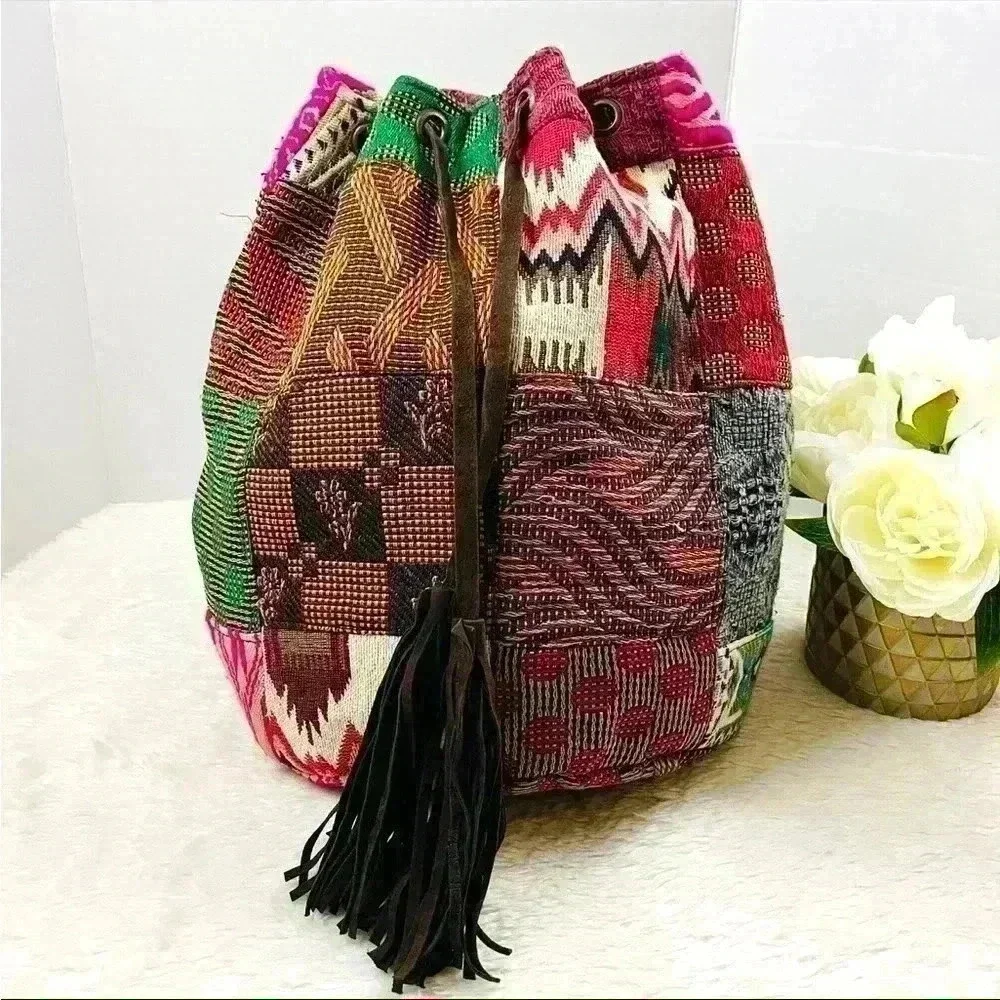 Handcrafted Patchwork Bucket Boho Hobo Drawstring Tassel Backpack Bag